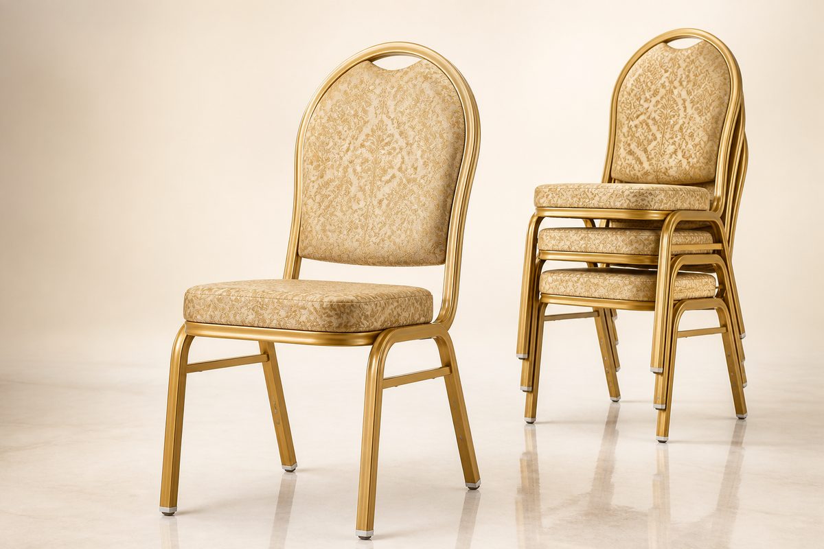 Upholstered gold banquet chairs with patterned fabric backing, stackable for hotels