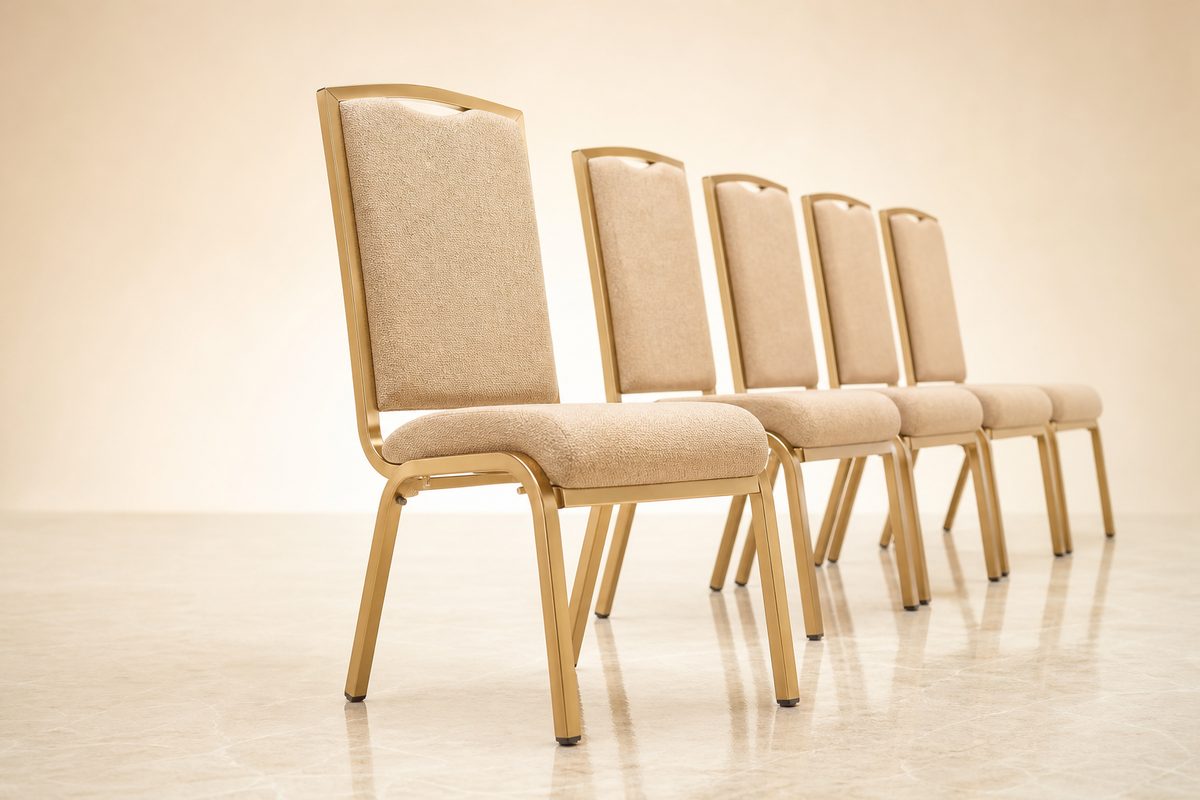 Upholstered church auditorium chairs with gold steel frames for worship venues