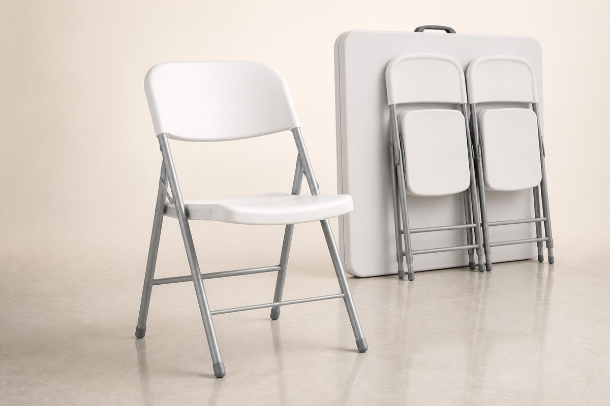 White resin folding chairs and a folding banquet table for outdoor events