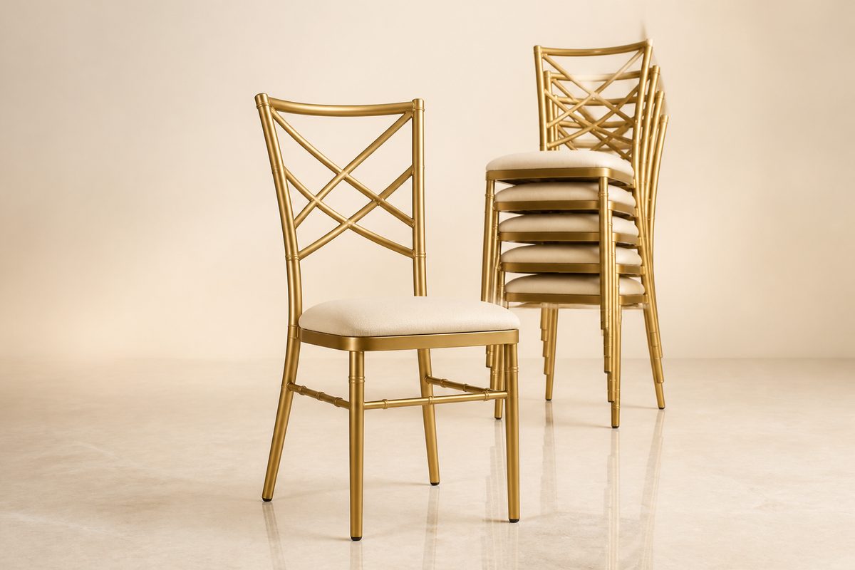 Gold metal chiavari chairs with ivory cushions, stackable, for weddings and banquets