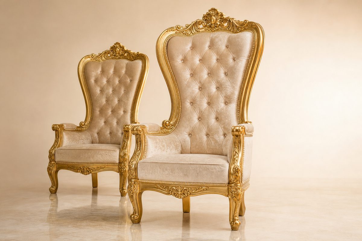 Champagne velvet king and throne chair set with gold carved frame for weddings