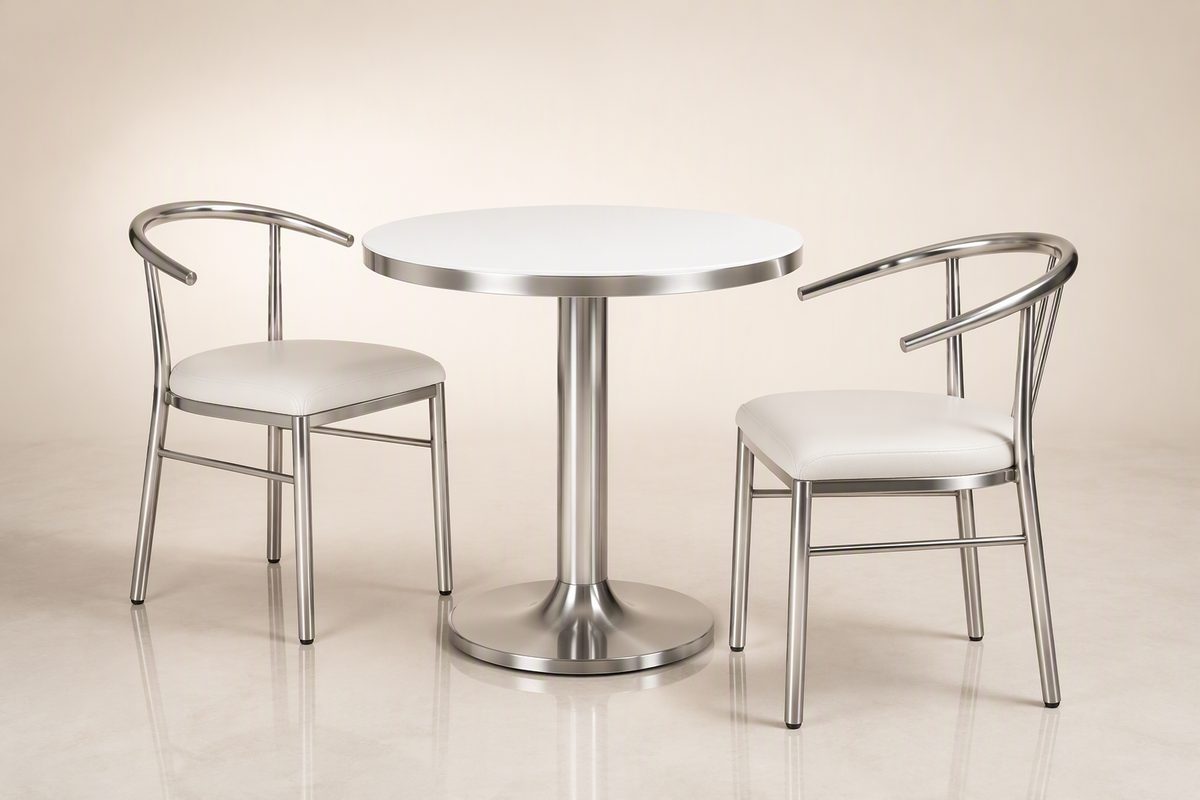 Polished stainless steel event table and chair set for hotel and restaurant use