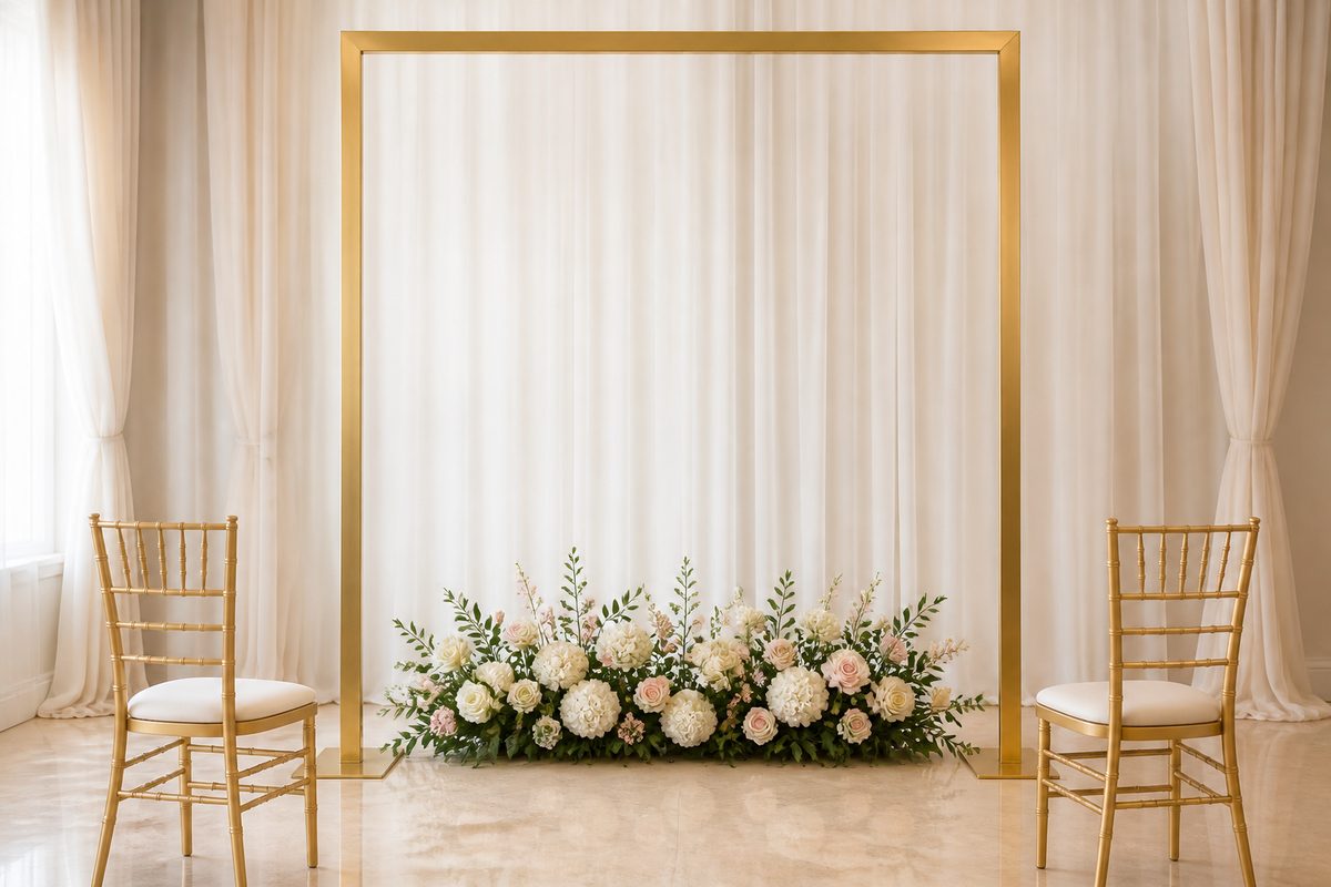 Gold wedding backdrop arch with floral arrangement and two chiavari chairs