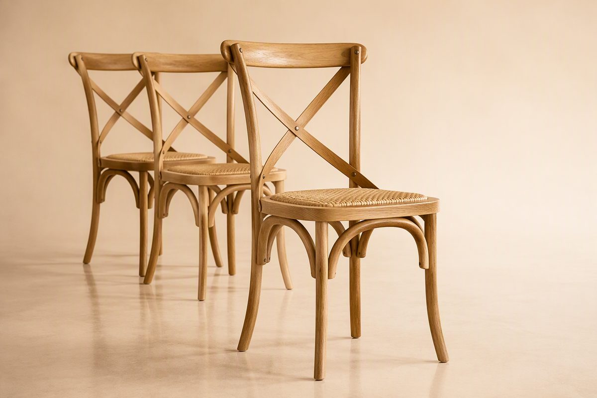 Natural oak cross-back chairs with woven seats for wedding and restaurant use