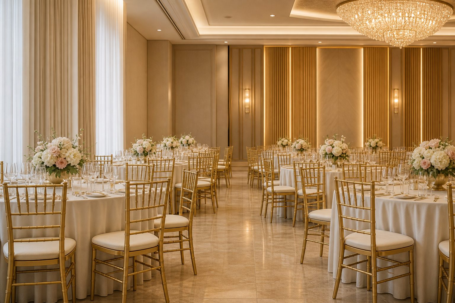 Wedding banquet hall furnished with gold chiavari chairs and ivory linen tables by Sabo Furniture