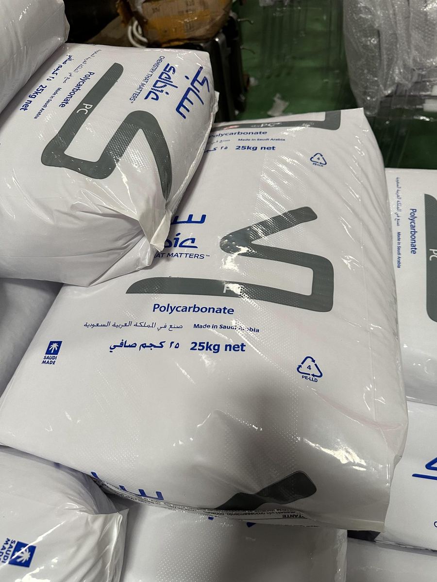 Bags of virgin polycarbonate resin in the moulding workshop