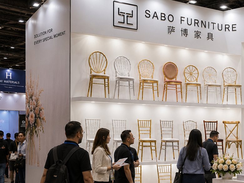 Sabo Furniture trade fair booth displaying wedding and event chairs