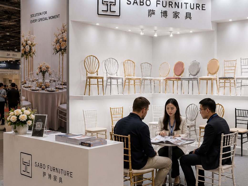 Sabo Furniture team meeting buyers at an international trade fair booth